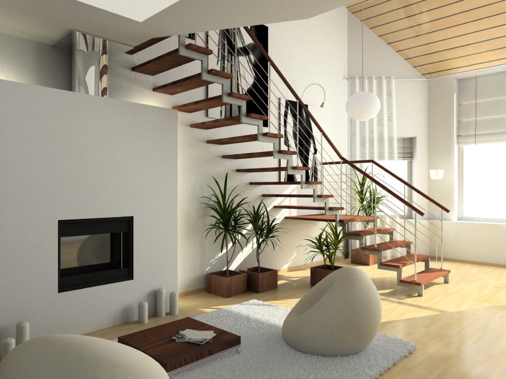 Sala de estar moderna com plantas embaixo da escada. 