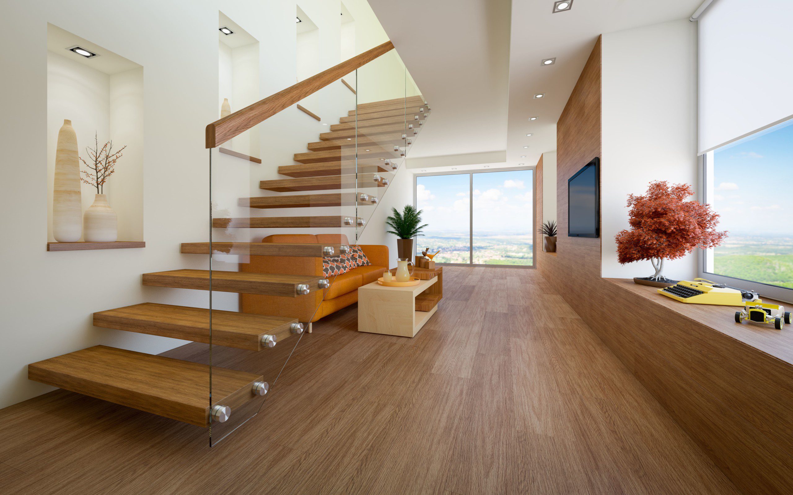 Sala de estar moderna e aconchegante com escada em madeira e sofá embaixo. 