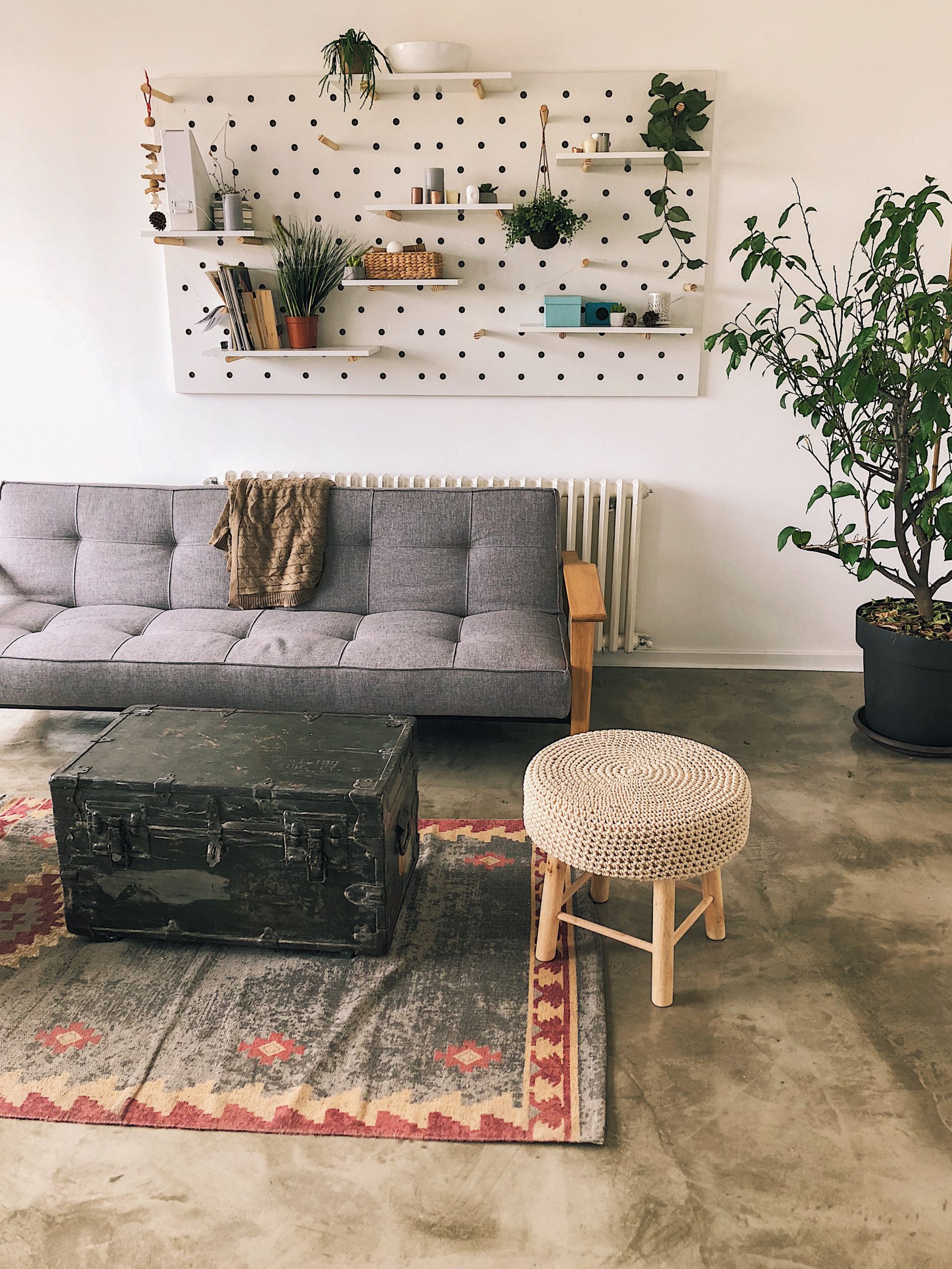 Sala de estar estilosa com sofá cama cinza, vaso de plantas e pegboard customizado. 