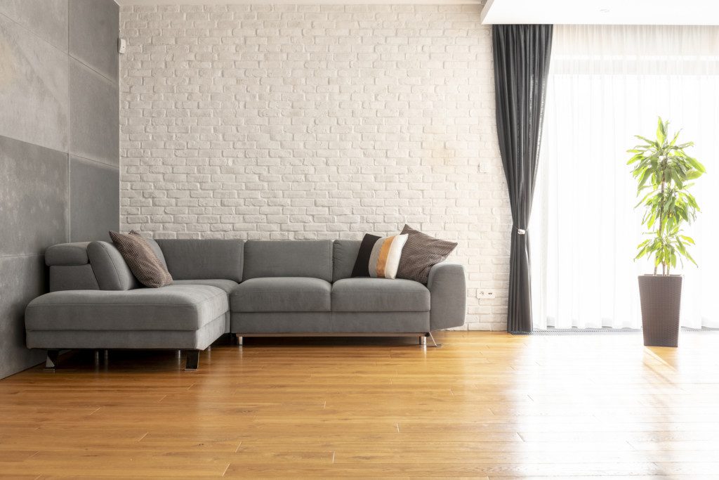 Gray corner sofa in a living room.