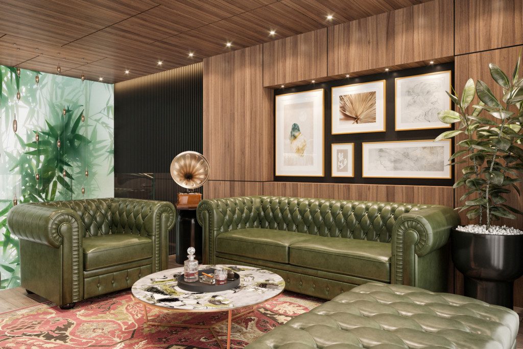 Sofá verde de couro em uma sala de estar sofisticada