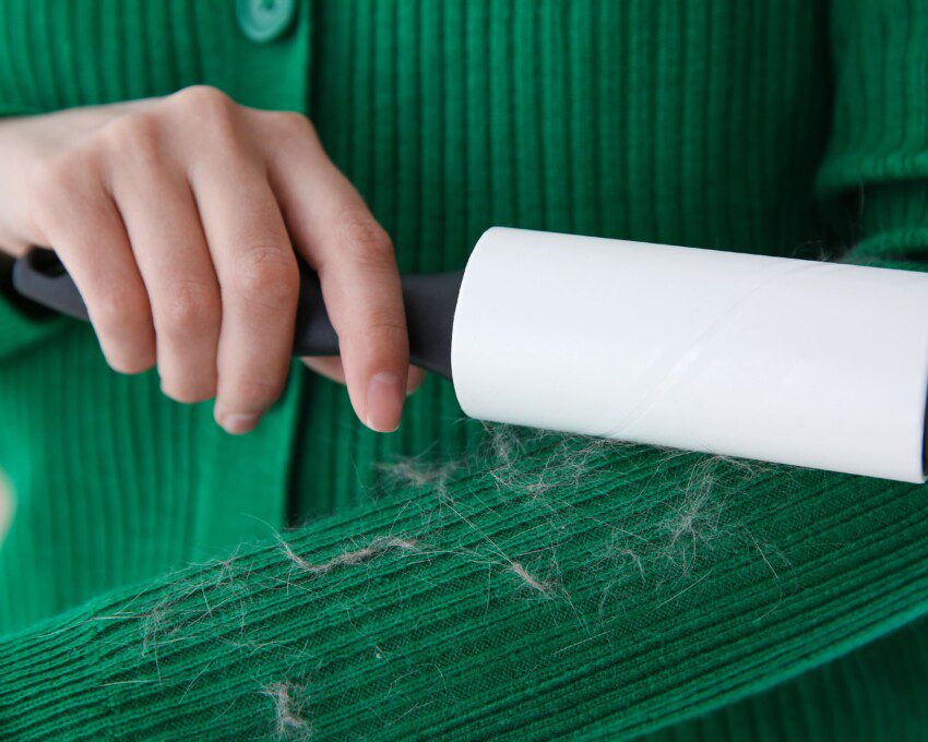 Imagem de uma mulher com casaco verde utilizando um rolo adesivo para retirar os pelos da roupa.