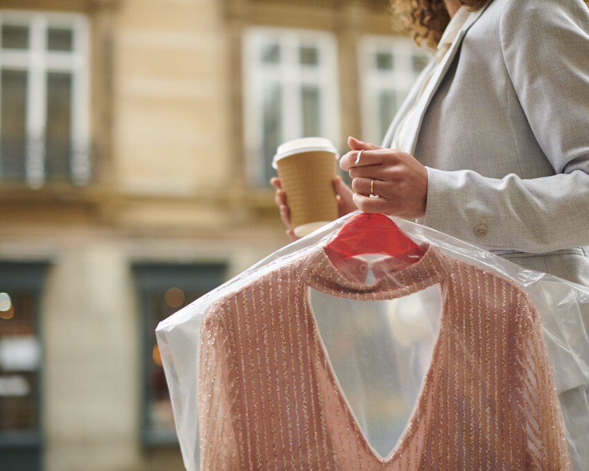 Imagem de uma mulher segurando um café com uma mão e não outra uma peça de roupa recém lavada na lavanderia.