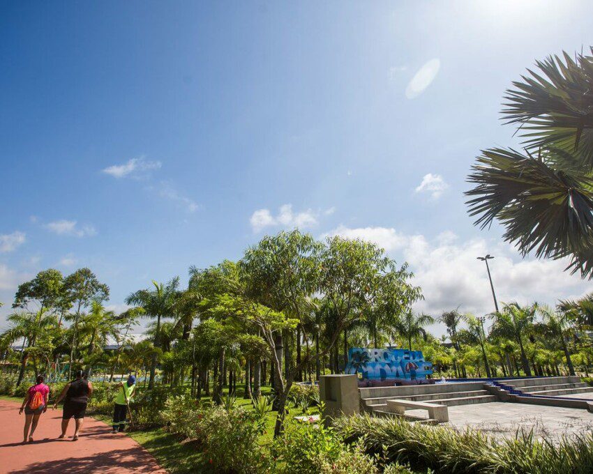 Foto que ilustra matéria sobre parques em Praia Grande mostra uma parte do Parque da Cidade, onde aparecem muitas árvores, uma pista de cooper à esquerda e, mais ao fundo, um letreiro com grandes letras em azul com o nome do parque.