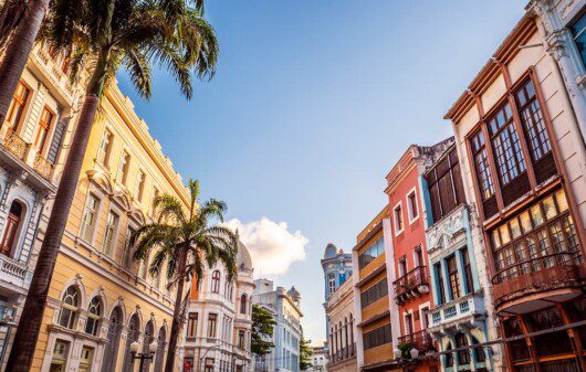 Prédios históricos, árvores e um céu azul fazem parte da paisagem desta fotografia do Centro Histórico de Recife.