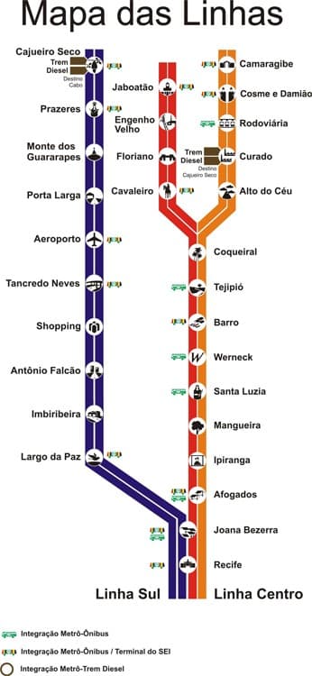 Mapa das linhas e estações do metrô de Recife. Cada linha possui uma cor diferente.
