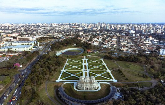 Imagem da vista aérea de parte da cidade de Curitiba e do Jardim Botânico