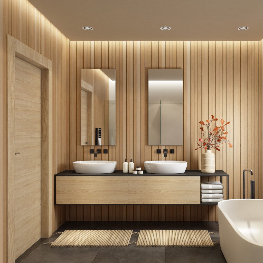 Banheiro de casal decoração em tons de bege com banheira, duas pias e dois espelhos.  