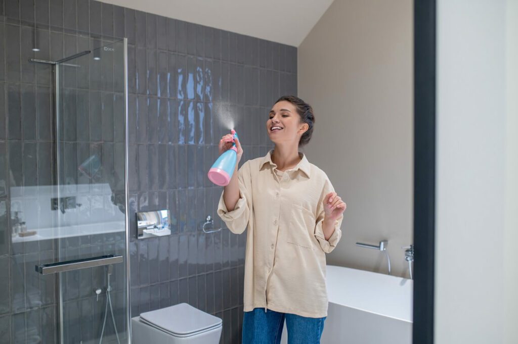 Foto que ilustra matéria com dicas sobre como deixar a casa cheirosa mostra uma mulher sorridente acionando um spray borrifador em um banheiro.