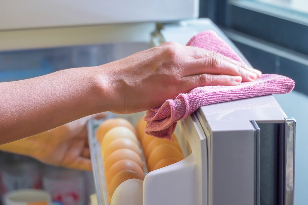  Imagem de uma mão passando uma pano rosa na porta de uma geladeira branca 