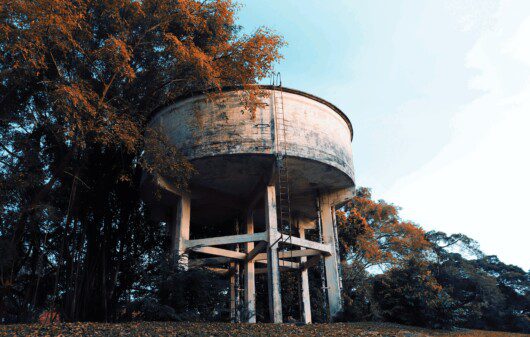 Imagem de uma caixa d'água grande em concreto, perto da vegetação.