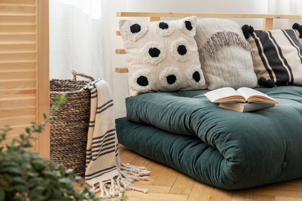 Móvel estilo futon, onde o sofá vira uma cama.