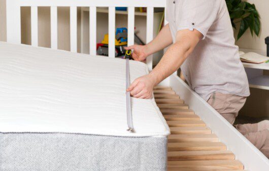 Homem medindo o tamanho de uma cama.