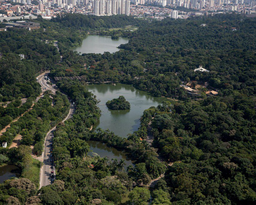 Foto que ilustra matéria sobre o Zoológico de São Paulo mostra a vista aérea do Zoológico de São Paulo.