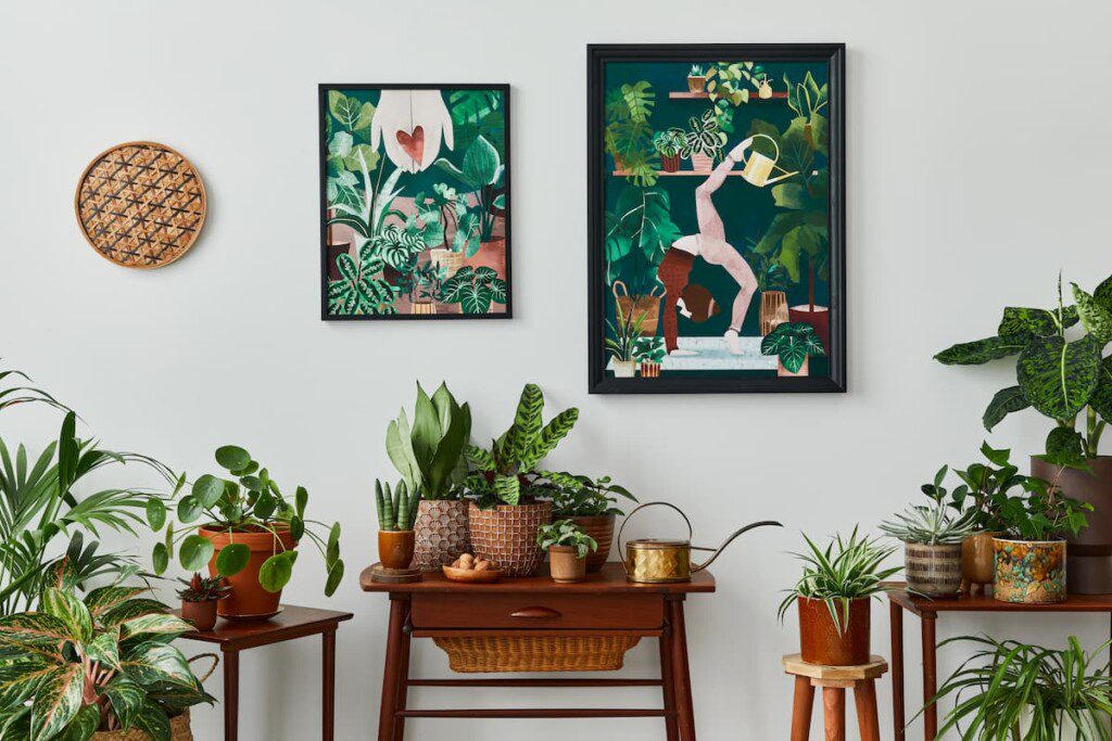 Parede de sala estilo urban jungle, com vasos de plantas e quadros decorativos que retratam a natureza.