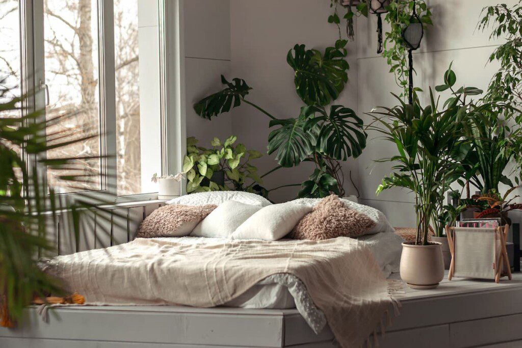 Urban jungle em quarto de casal. Há uma cama ao lado de uma janela, cercada por plantas.