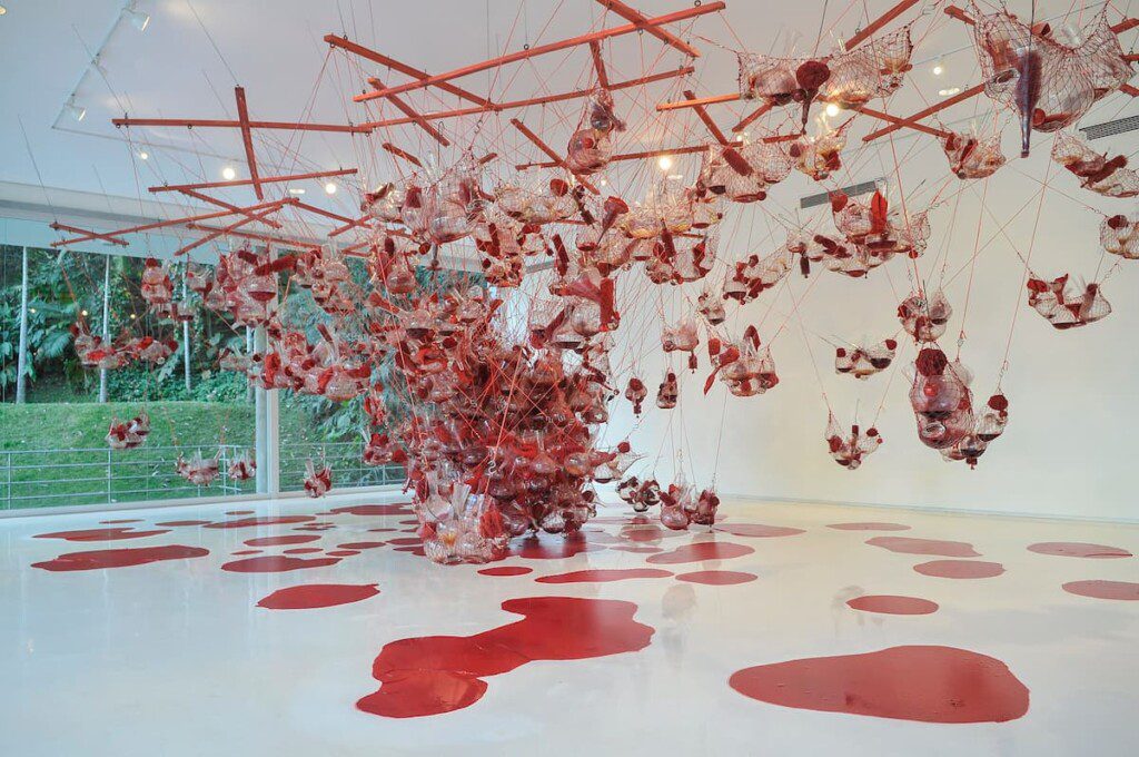 Instalação vermelha em uma galeria branca, no Instituto Inhotim.