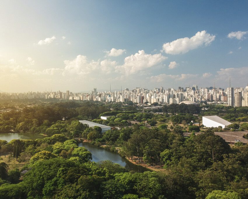 Imagem aérea de parque arborizado em meio aos prédios de São Paulo para ilustrar matéria sobre parques na zona oeste de sp