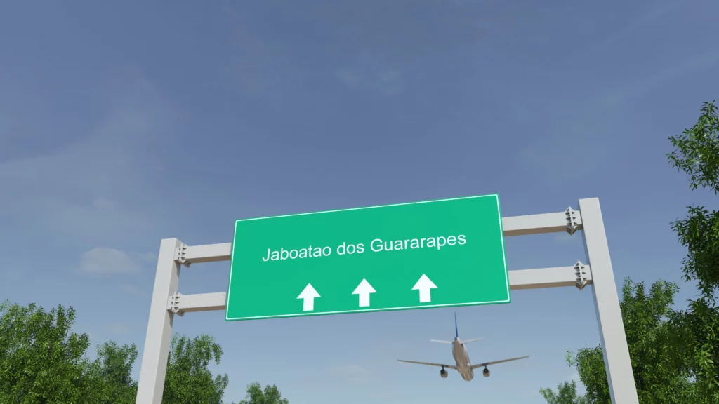 Imagem panorâmica de placa com o nome Jaboatão de Guararape e de avião chegando na cidade para ilustrar matéria sobre o que fazer em Jaboatão dos Guararapes