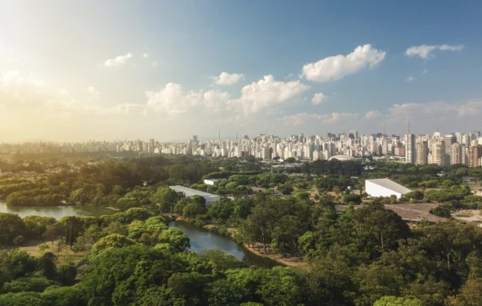 Imagem aérea do Parque Ibirapuera, em São Paulo, onde também é possível visualizar os prédios ao fundo da imagem, para ilustrar matéria sobre qual o melhor estado para morar no Brasil