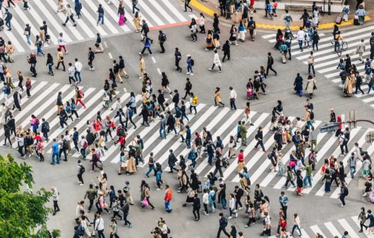 Fotografia de um cidade populosa, com muitas pessoas atravessando na faixa de pedestre.