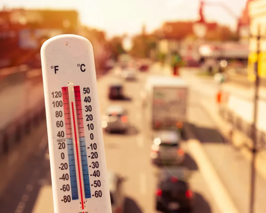 Fotografia de uma avenida muito iluminada pelo sol. Uma pessoa segura um termômetro que marca alta temperatura.