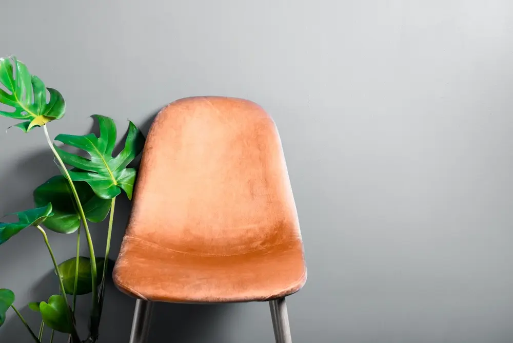 Foto que ilustra matéria sobre a cor do ano 2024 mostra uma cadeira na cor Peach Fuzz ao lado de uma planta (Foto: Shutterstock)