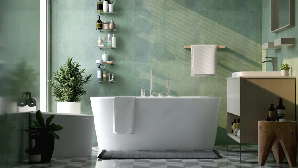 Foto de um banheiro com banheira, prateleiras e com vasos de plantas.