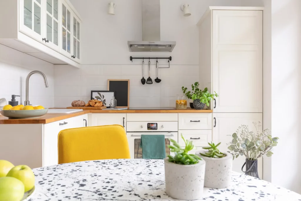Foto de uma cozinha clean com pequenos vasos de plantas.
