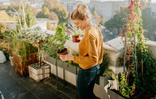 Imagem de uma mulher segurando alguns vasos de planta em uma área dedicada à plantas e flores na casa para ilustrar matéria sobre plantas de jardim que gostam de sol