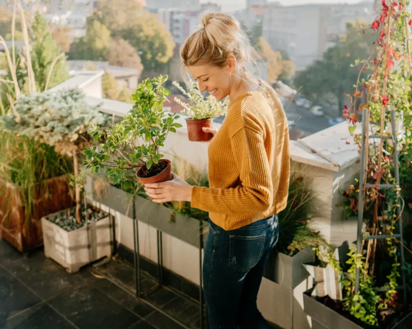 Imagem de uma mulher segurando alguns vasos de planta em uma área dedicada à plantas e flores na casa para ilustrar matéria sobre plantas de jardim que gostam de sol