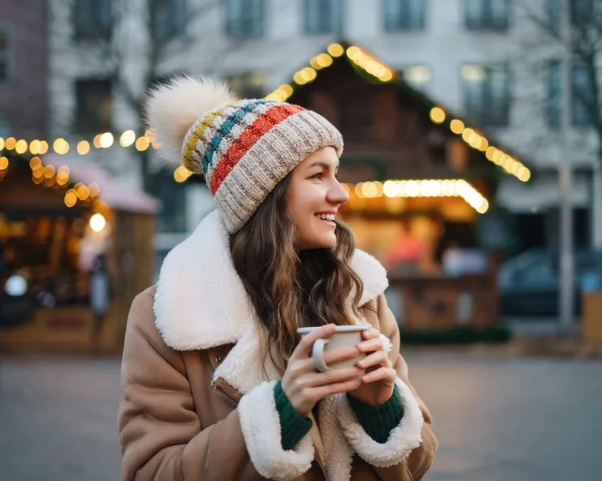 Imagem de uma mulher com blusa de frio, cachecol e touca sorrindo enquanto toma uma bebida quente para ilustrar a matéria sobre cidades mais frias de SP